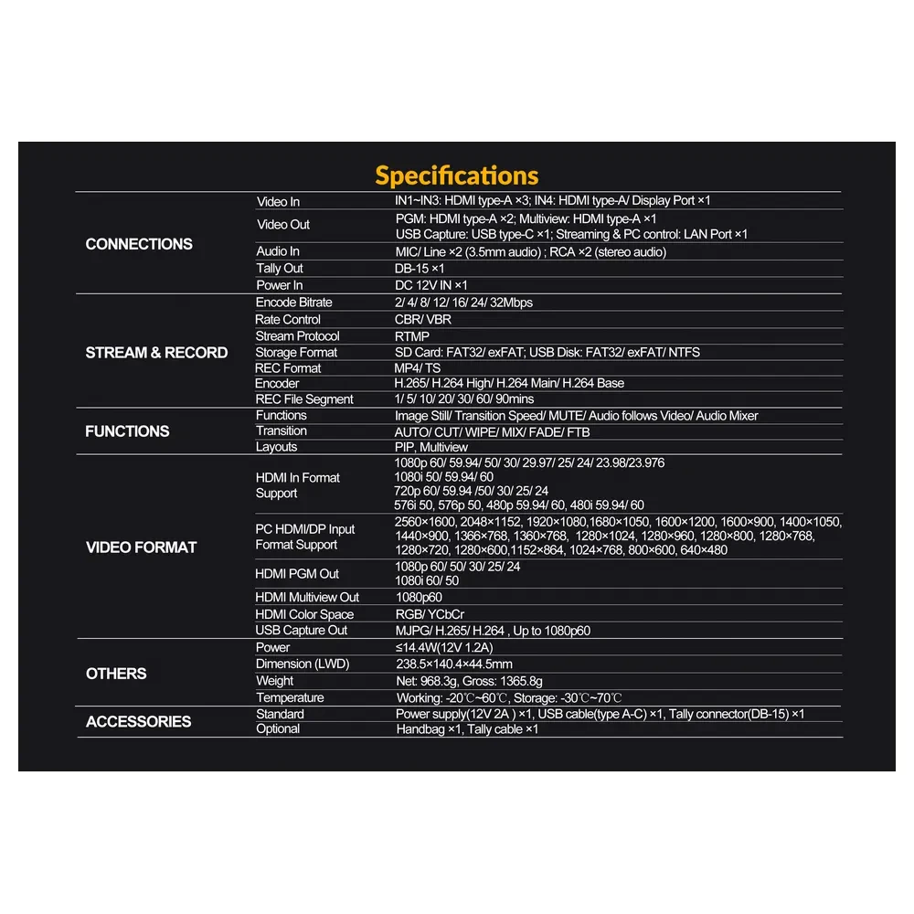 AVMATRIX HVS0401E 4-ch HDMI Multi-format Streaming Video Switcher with Recording