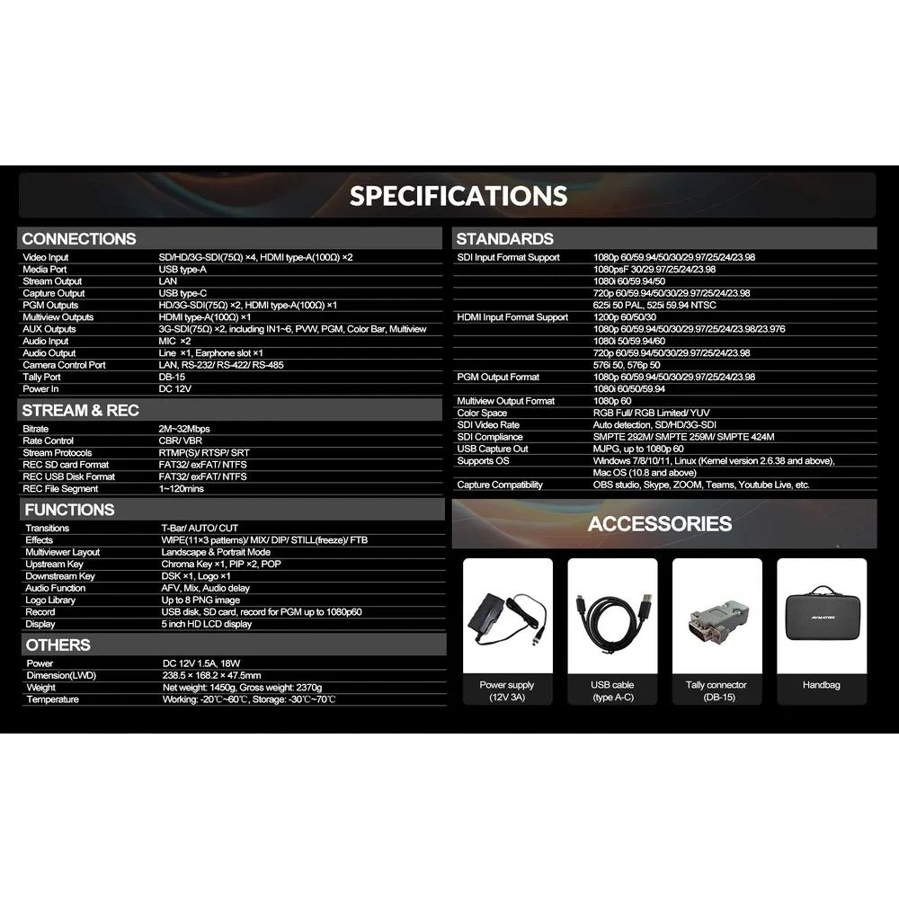 AVMATRIX Shark S6 6-ch HDMI/SDI Video Switcher with Recording and Streaming