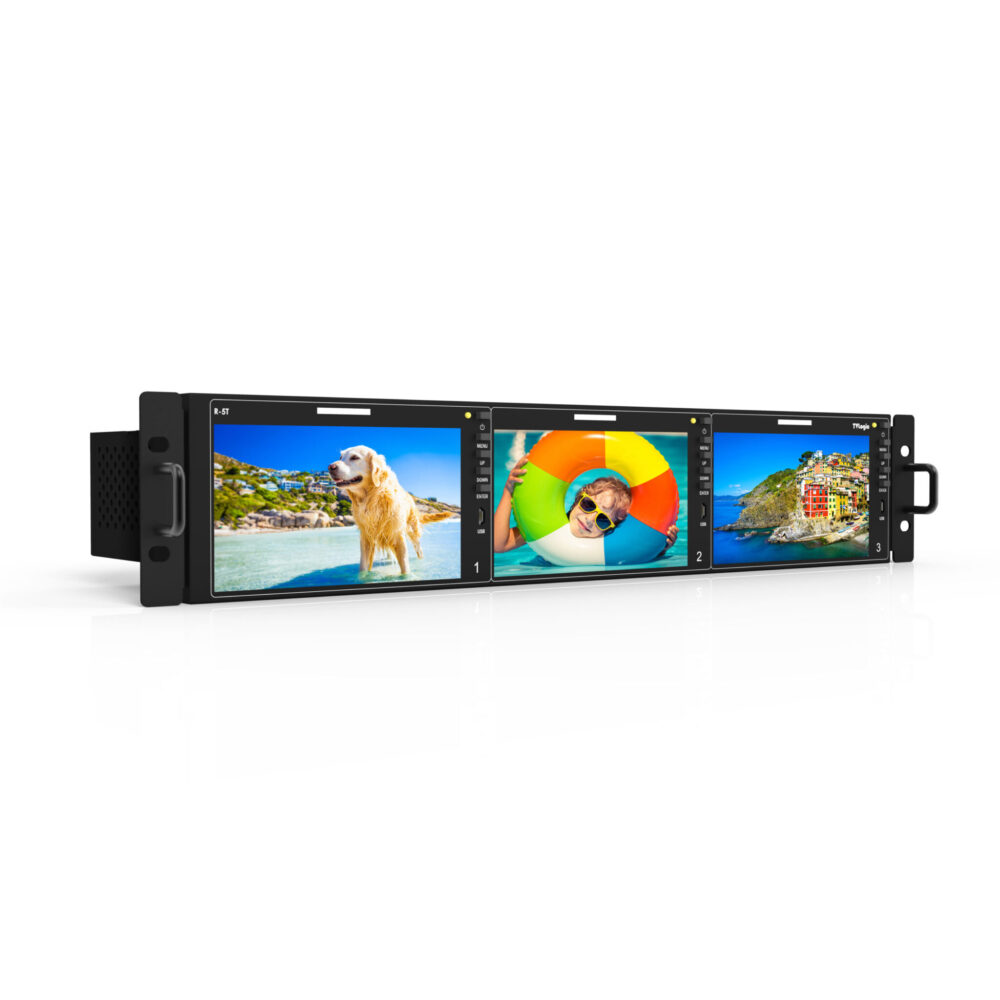 5.5” TVLOGIC R-5T triple 2RU UHD-4K ready rack mount monitor, 12G-SDI/HDMI