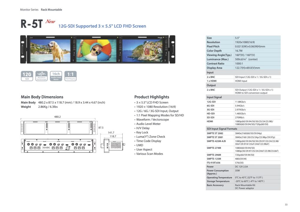 5.5” TVLOGIC R-5T triple 2RU UHD-4K ready rack mount monitor, 12G-SDI/HDMI