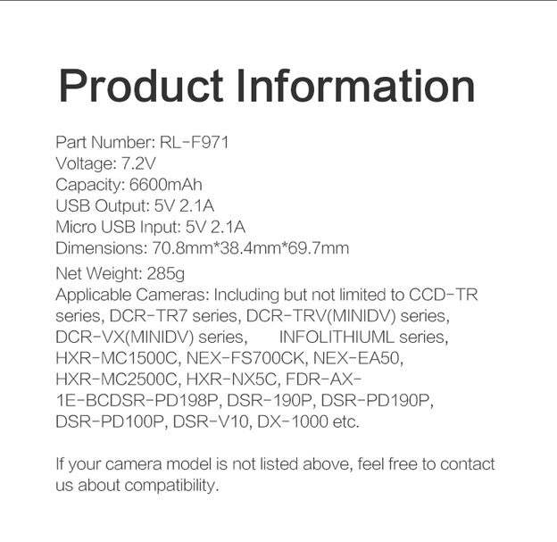 ROLUX YC-F971 battery for Sony NP-F series, 6600mAh, USB in/out