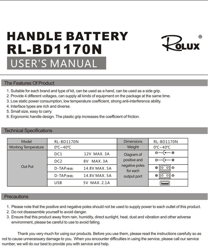 ROLUX RL-BD1170N handle battery