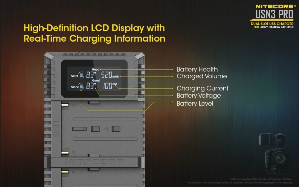 Nitecore USN3 PRO dual slot digital USB charger for Sony NP-F series batteries