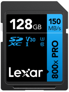 LEXAR SDXC 800x Pro UHS-I cards, C10 (V30) U3, R150/W45, 128GB