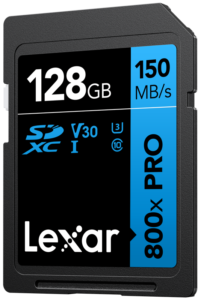 LEXAR SDXC 800x Pro UHS-I cards, C10 (V30) U3, R150/W45, 128GB