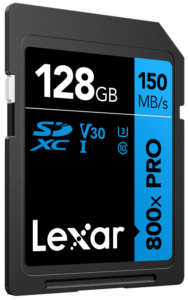 LEXAR SDXC 800x Pro UHS-I cards, C10 (V30) U3, R150/W45, 128GB
