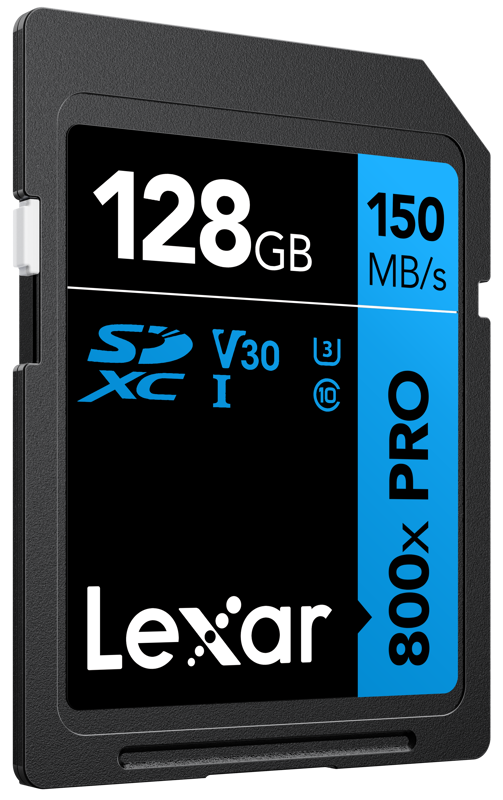 LEXAR SDXC 800x Pro UHS-I cards, C10 (V30) U3, R150/W45, 128GB